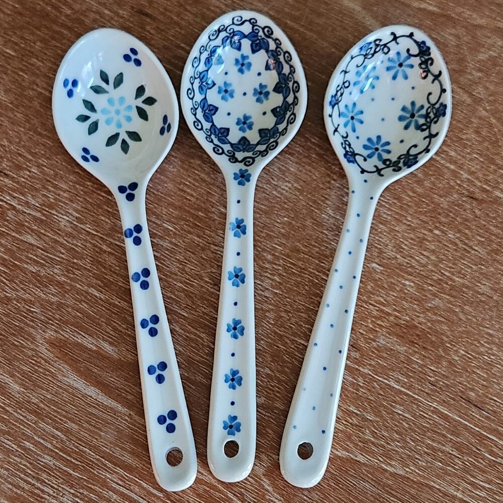 Set of 3 Polish Pottery servings spoons 8" long